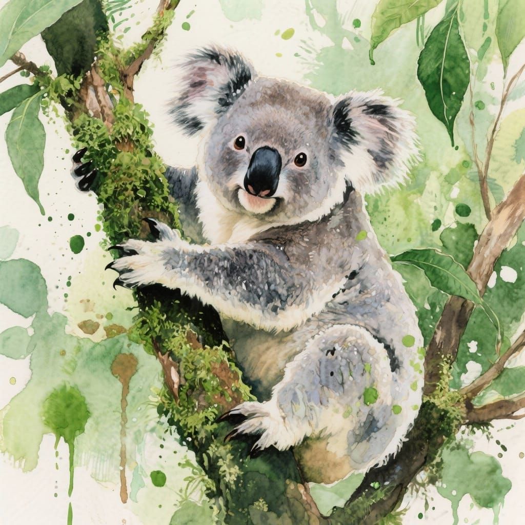 Vibrant Watercolor Koala Painting in Lush Jungle