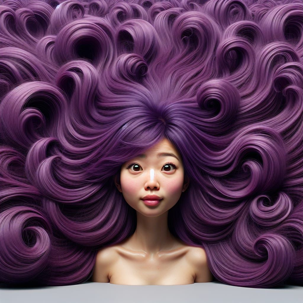 Humorous Asian Girl with Enormous Violet Hair
