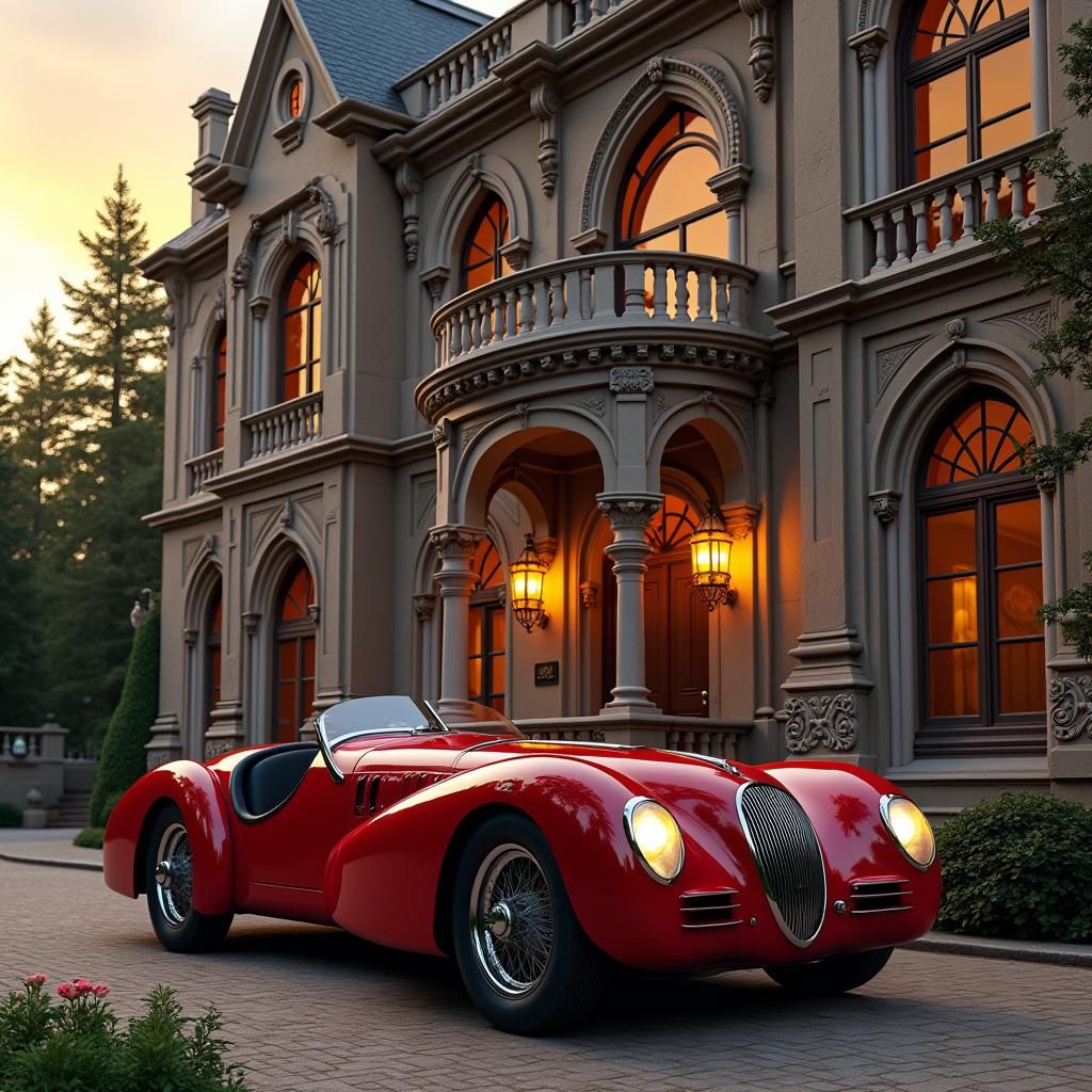 Vintage Alfa Romeo at Victorian Mansion, Matte Painting
