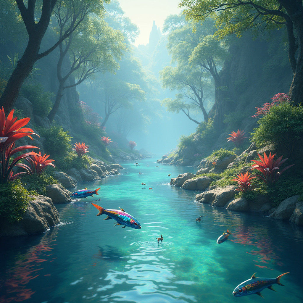 Mystical River with Leaping Fish: Matte Painting