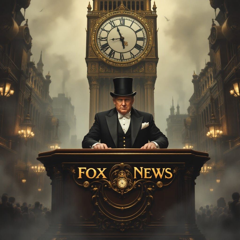 Steampunk News Network in Opulent, Surreal Cityscape