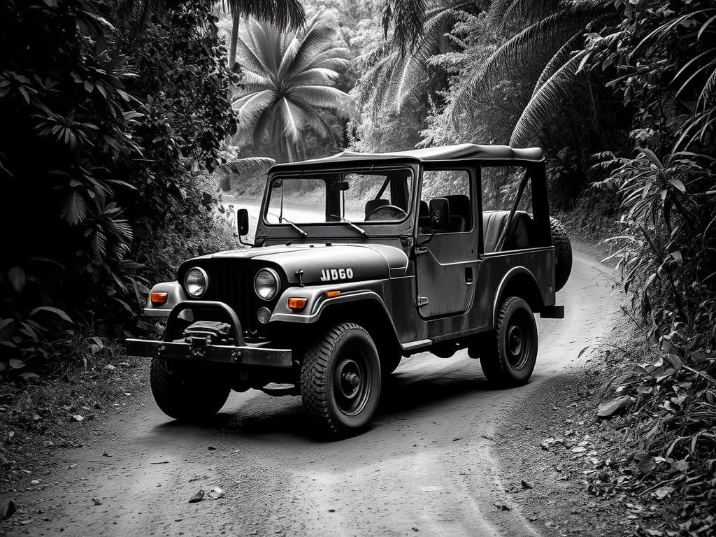 Moody Black and White Jeep in Jungle Landscape