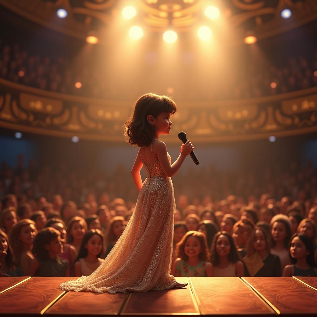 Girl on Stage in Ornate Room, Pixar Style