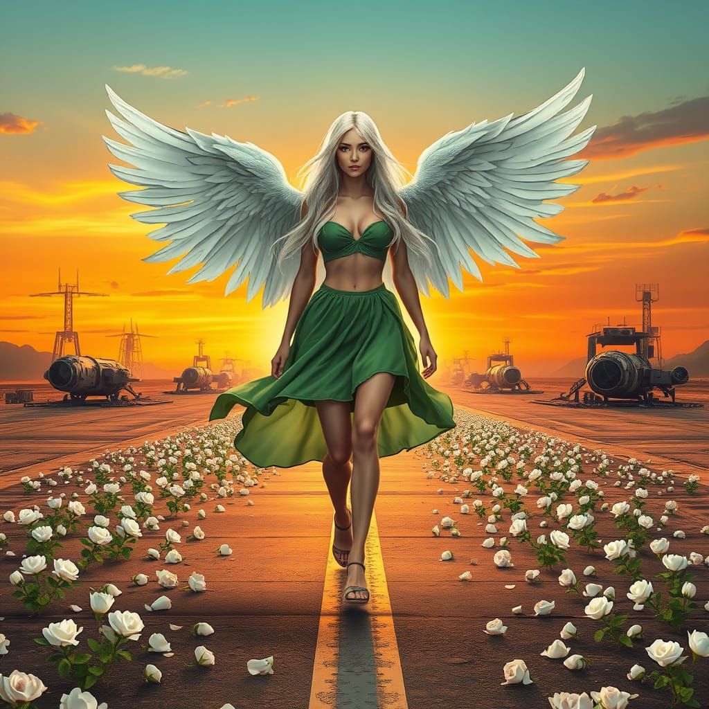 Ethereal Angel Strides Spaceport Runway in Cyberpunk Style