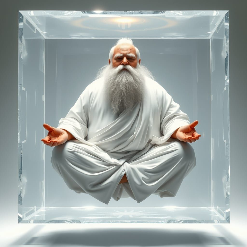 Wise Man Meditating in Crystal Prism Cube