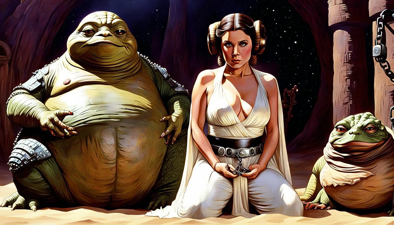 Princess Leia Captive Next to Jabba the Hutt
