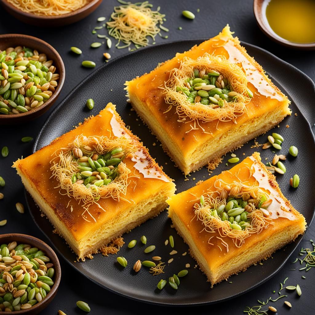 Kunafa Close-Up: Golden Pastry and Pistachio Dessert