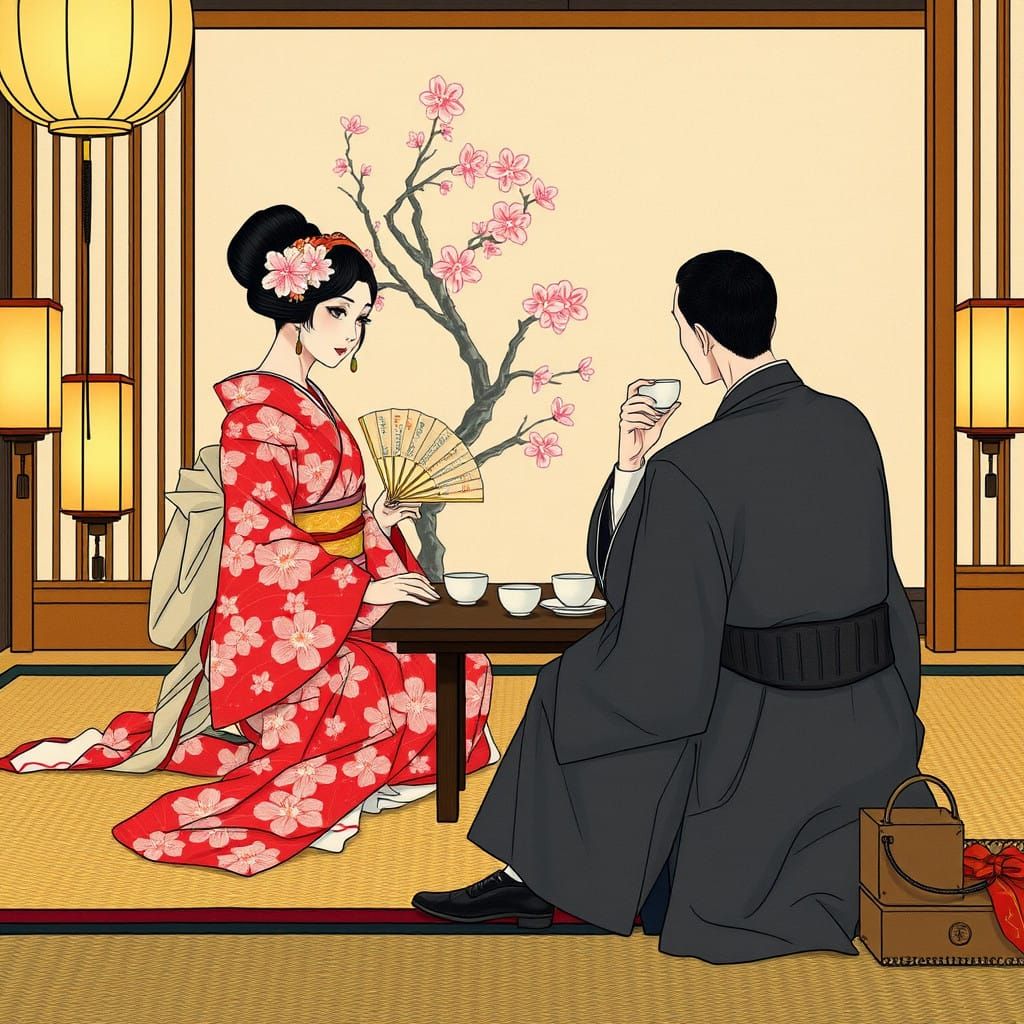 Two Courtesans Entertain Elegant Client in Traditional Japan...