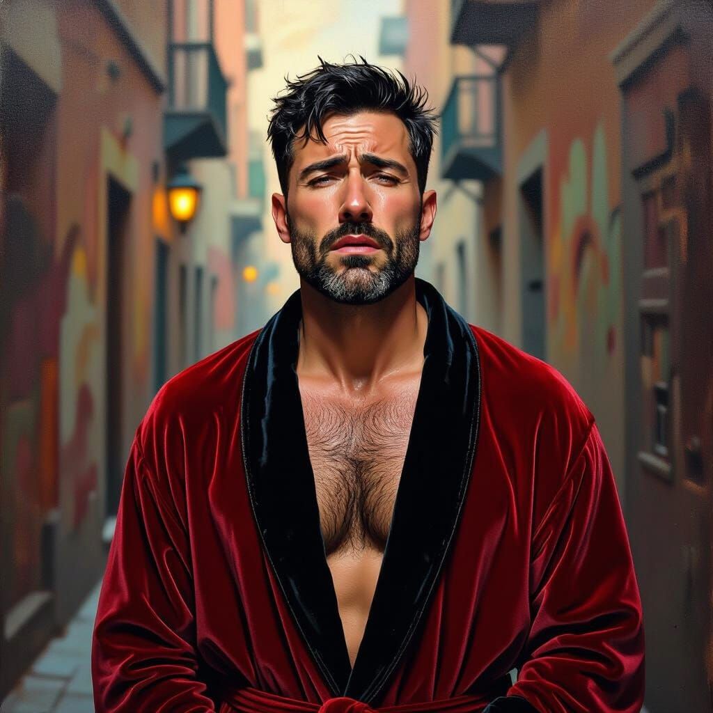 Angry Man Crying in City Alley, Impressionism