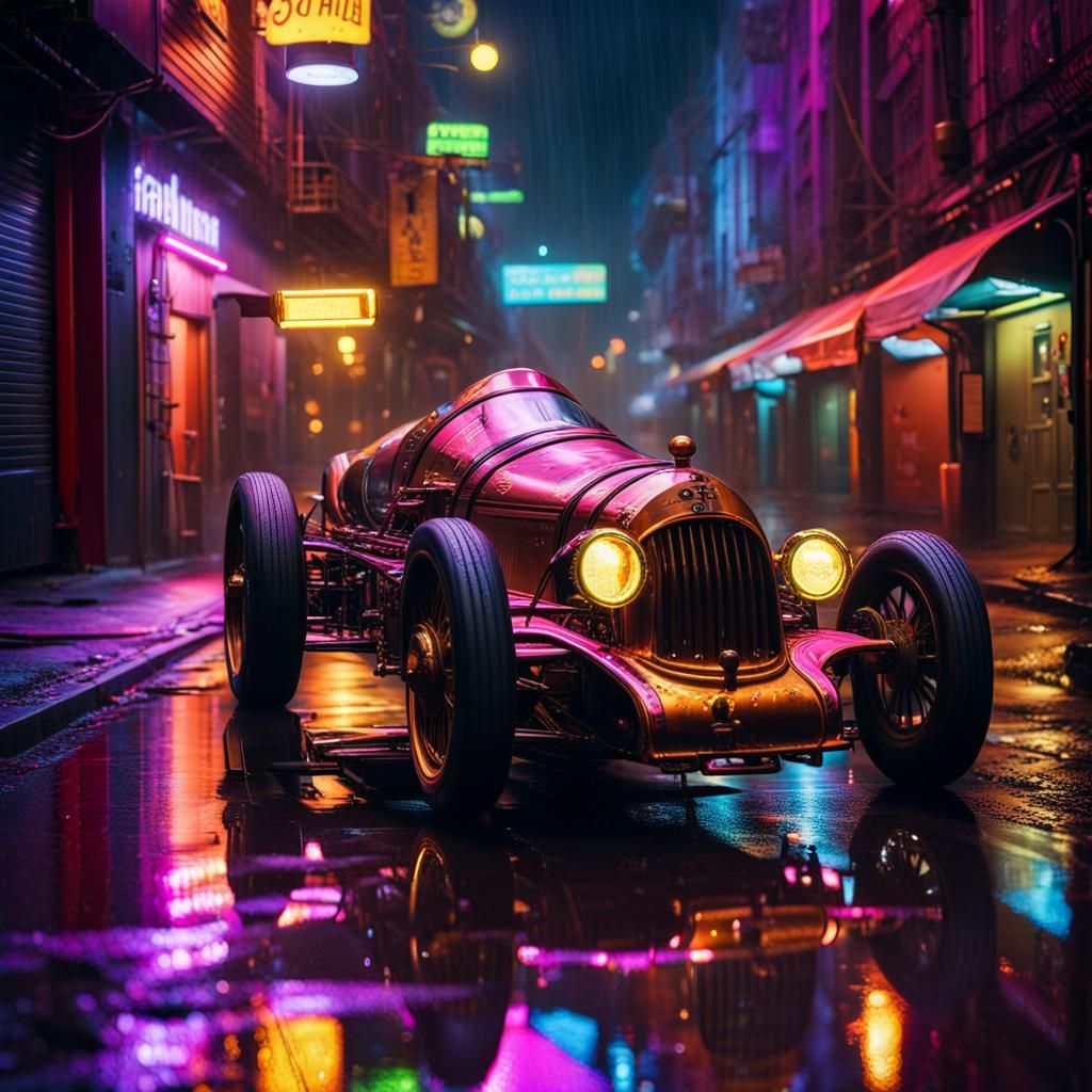 Steampunk Formula One Car in Neon City