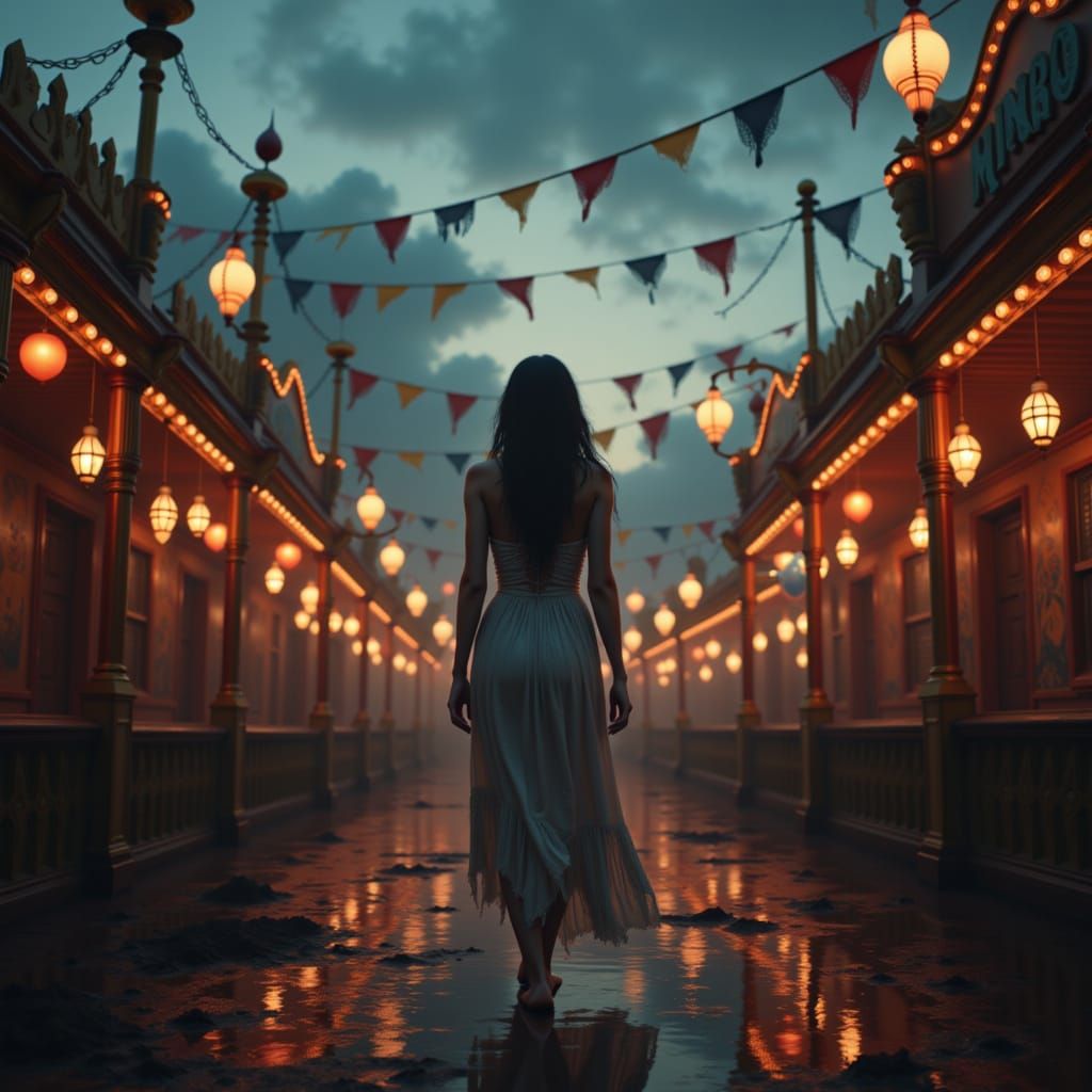 Mysterious Woman Walks Through Abandoned Carnival