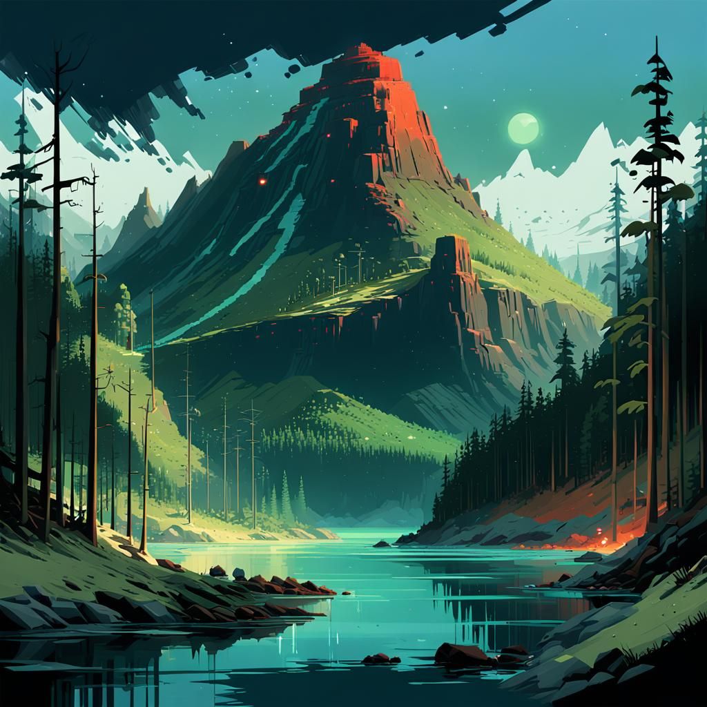 8-bit Pixelscape: Red Mountain, Blue Bay, Green Forest