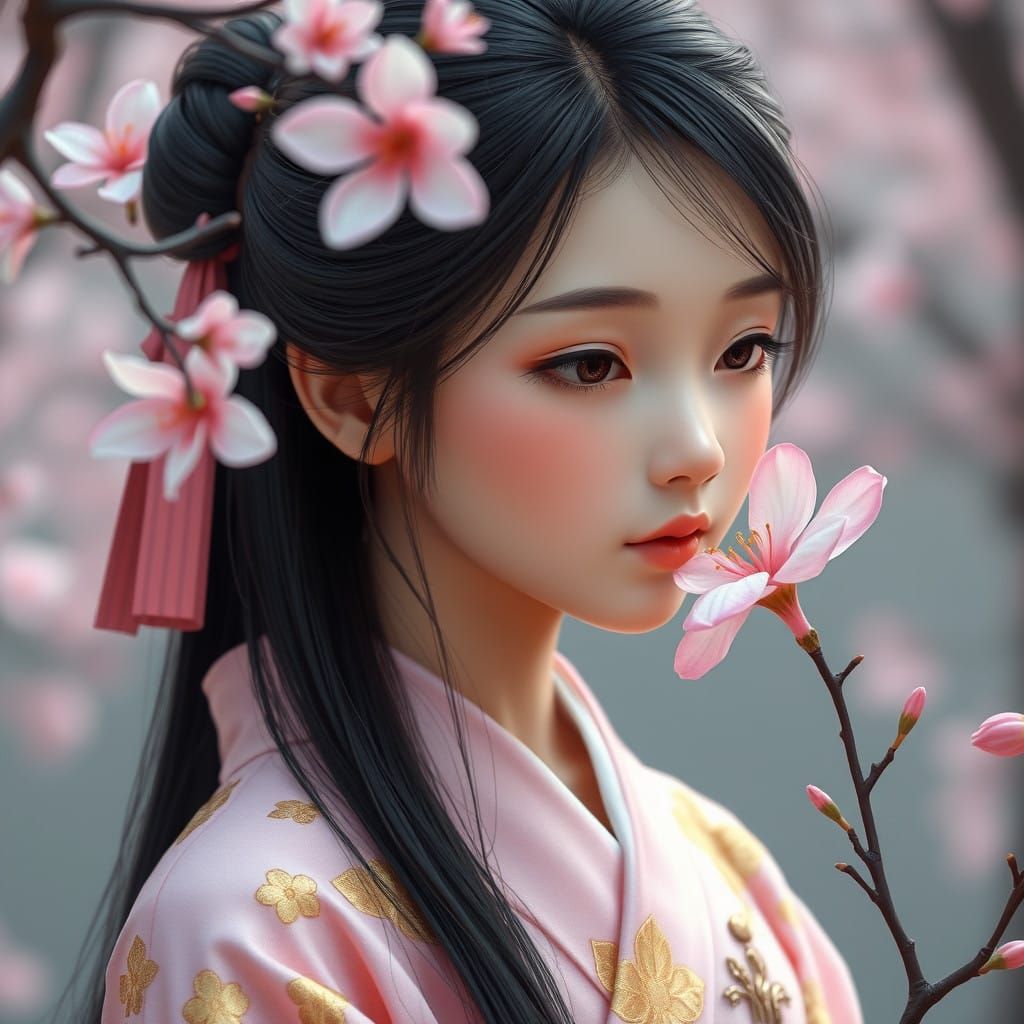 Dreamlike Japanese Goddess in Light Pink Kimono with Cherry ...
