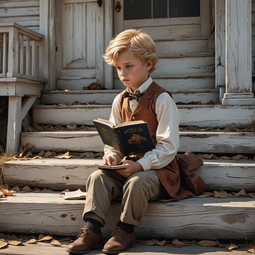 Boy Reading at Schoolhouse, Detailed Matte Painting