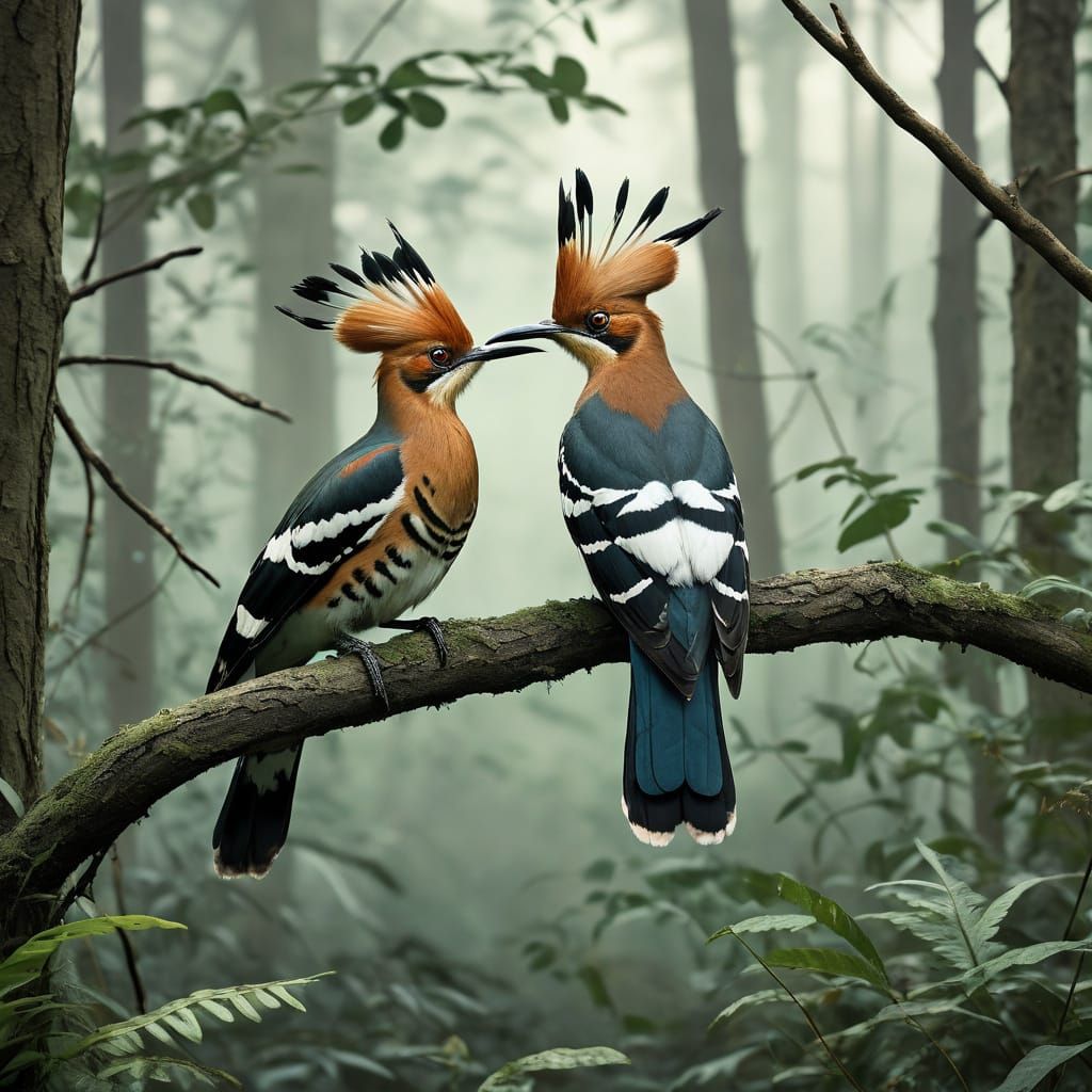 Hoopoes Perched in a Forest Clearing, Vintage Lithograph Sty...