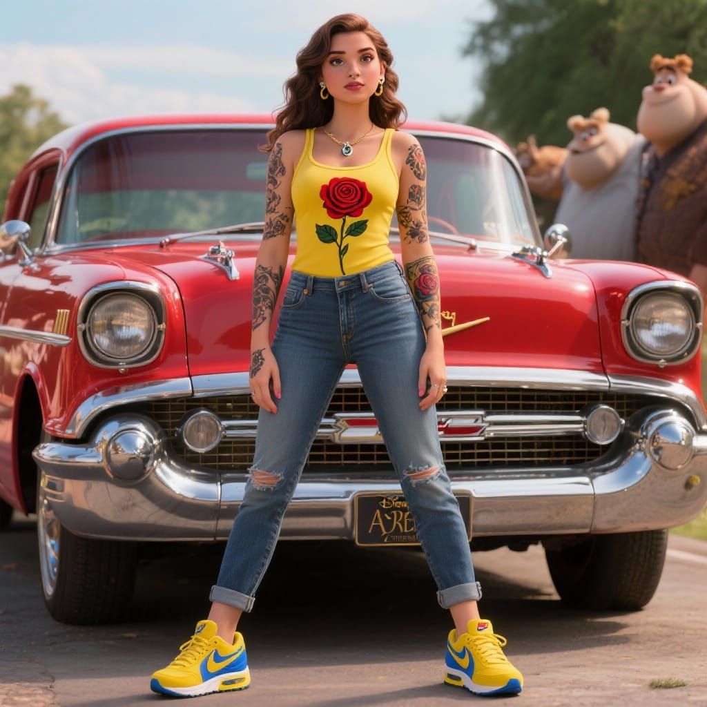 Belle Poses With A Cherry Red 1957 Chevy