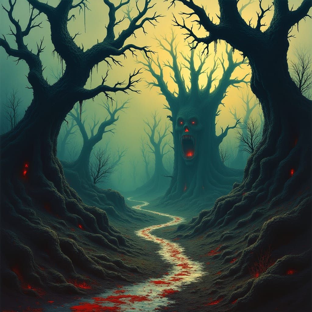 Eerie Gothic Horror Scene with Nightmarish Trees