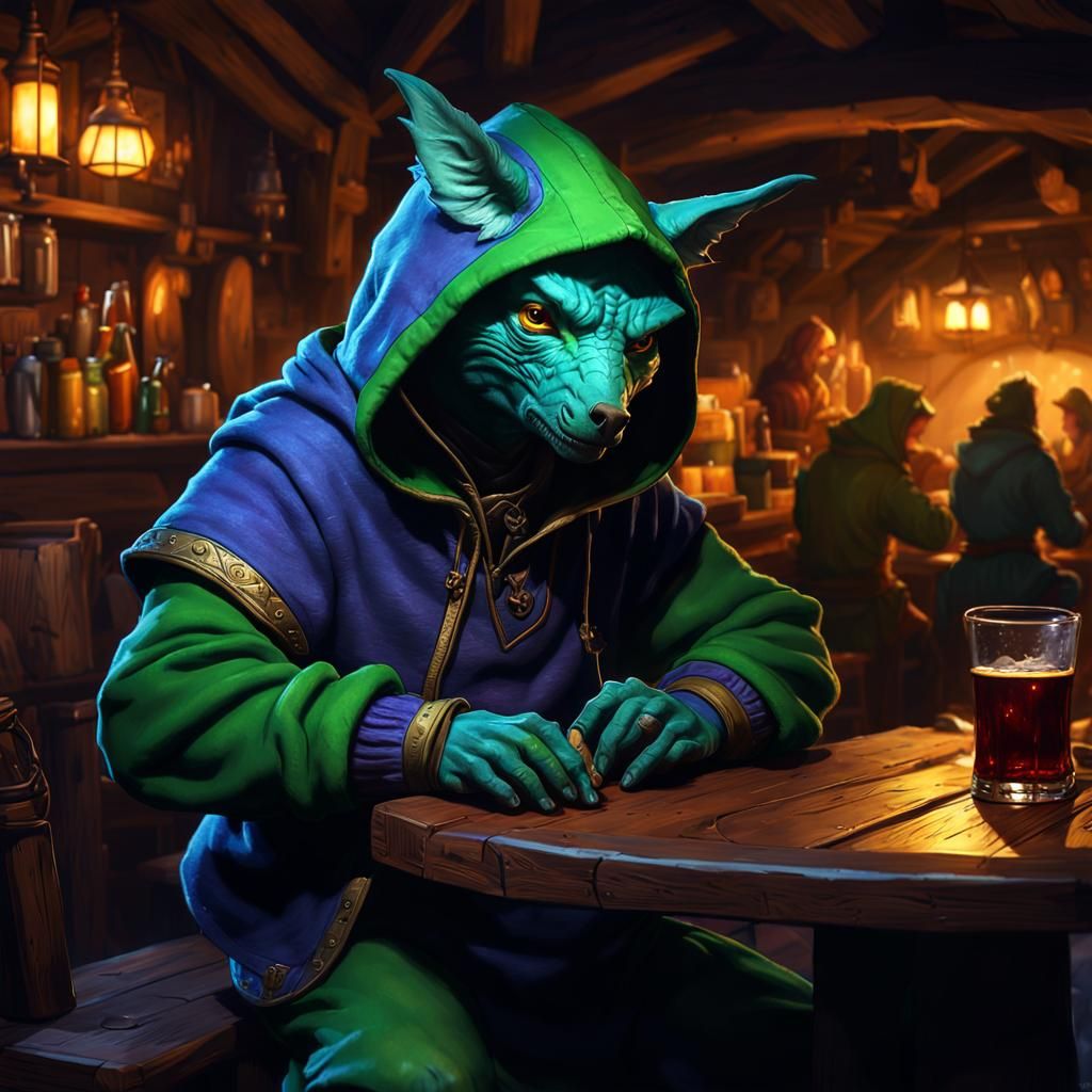 Blue Kobold in Tavern: Dark Fantasy Concept Art