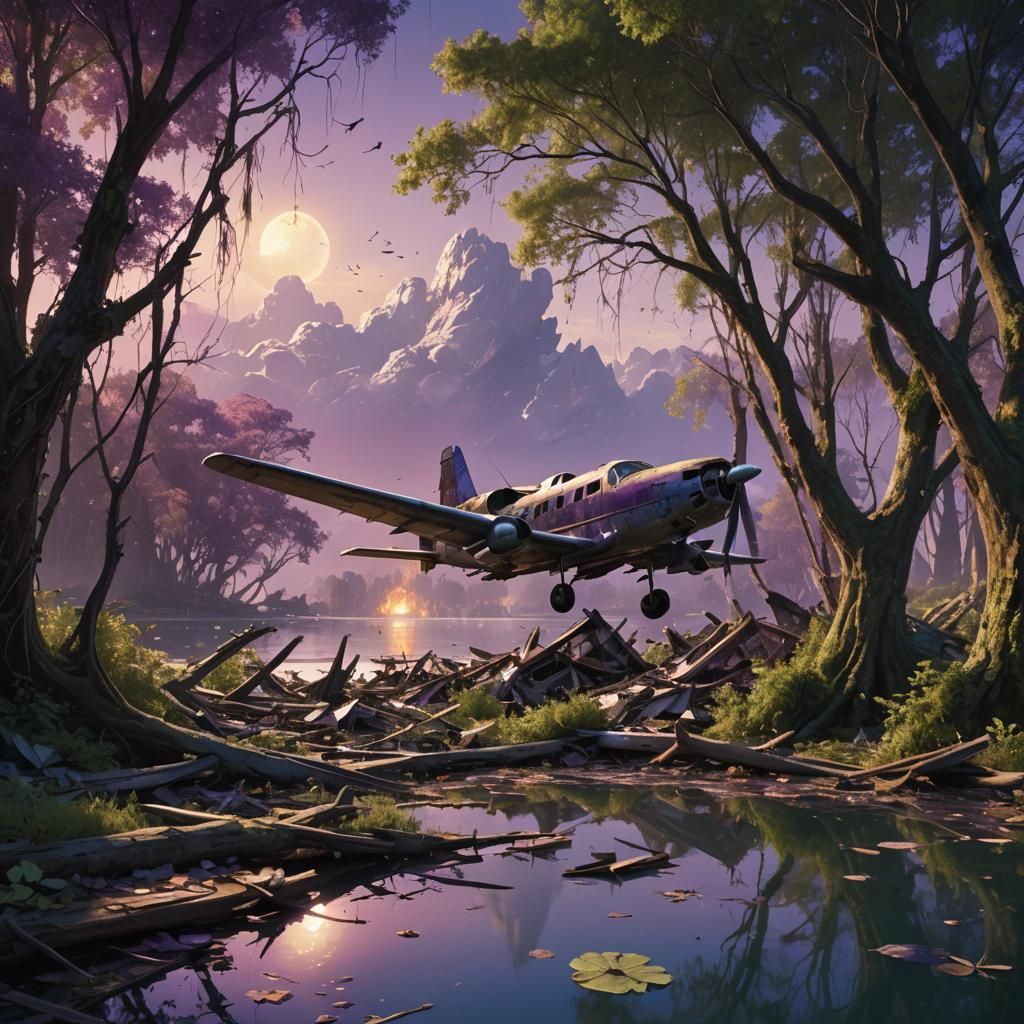 Plane Crash Beside Serene Lake in Fantasy Art Style