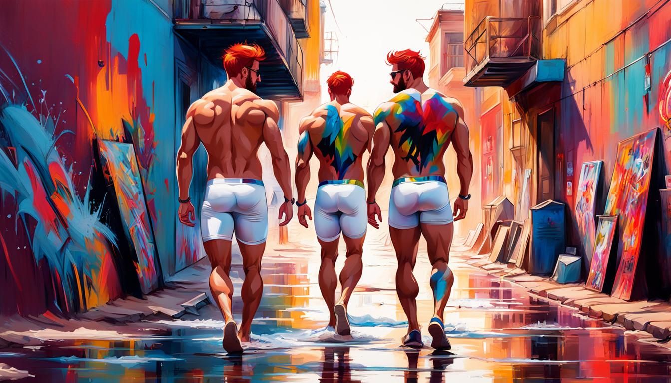 Two Red-Haired Men Walking on Beach in Street Art Style