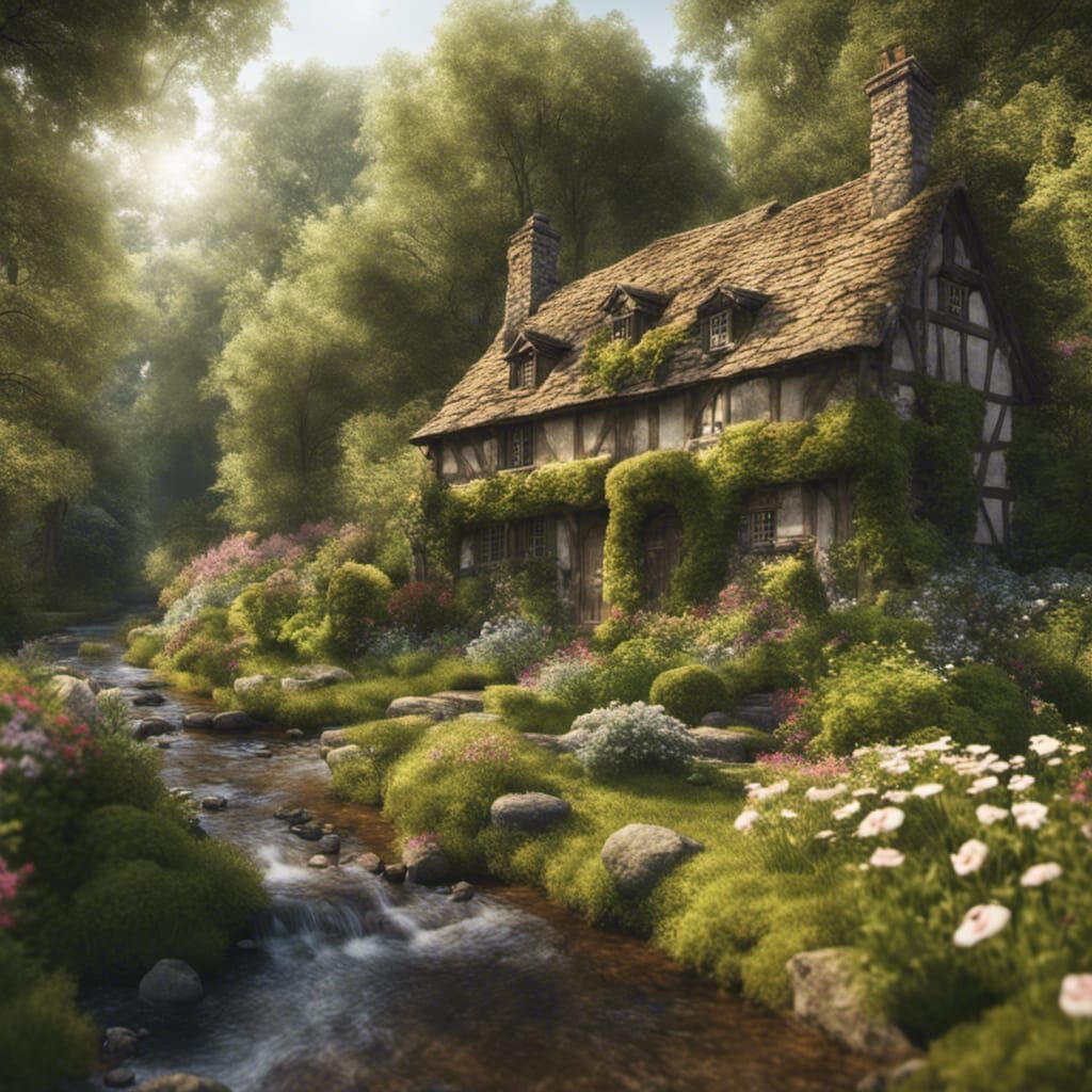 Idyllic Medieval Cottage in Sunny Woodland Scene