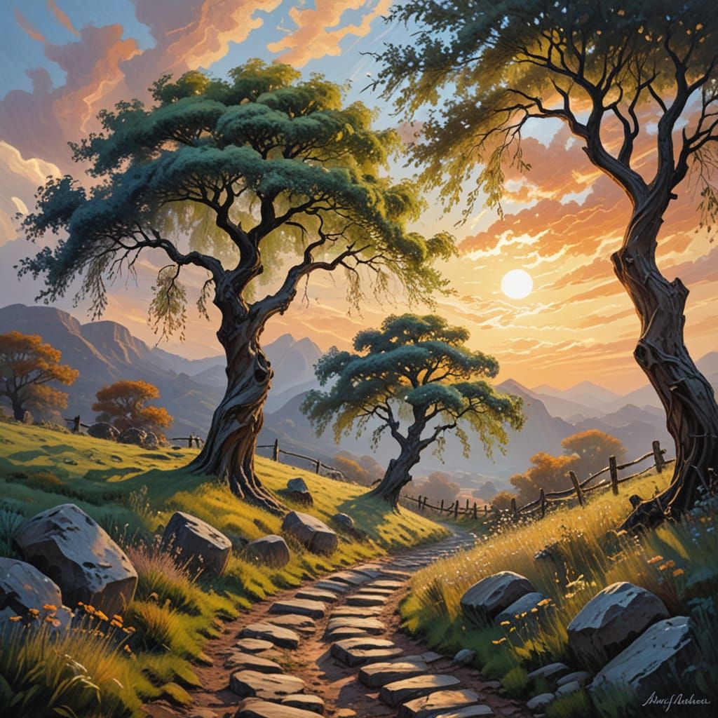 Impressionist Willow Trees at Sunset