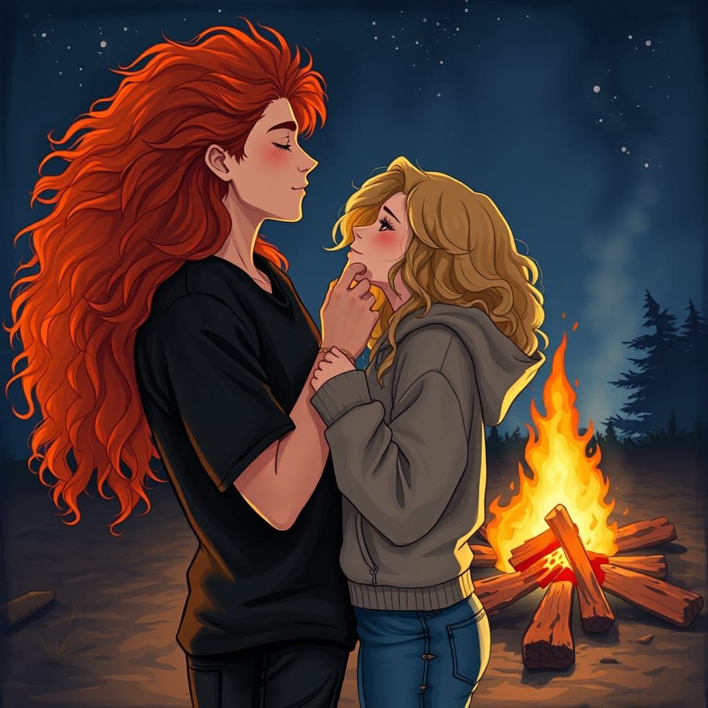 Romantic Night Scene: Fiery Hair Man Kisses Blonde Woman by ...