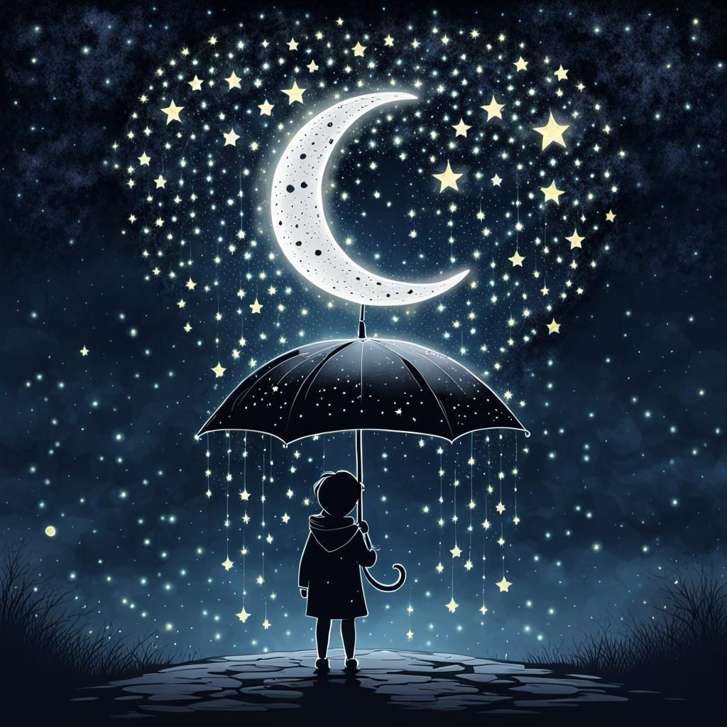 Crescent Moon Umbrella Shelters Tiny Glowing Stars