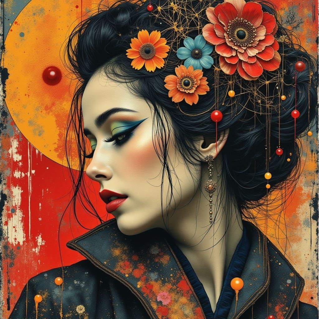 Emotive Geisha Portrait in Abstract Mixed-Media Style