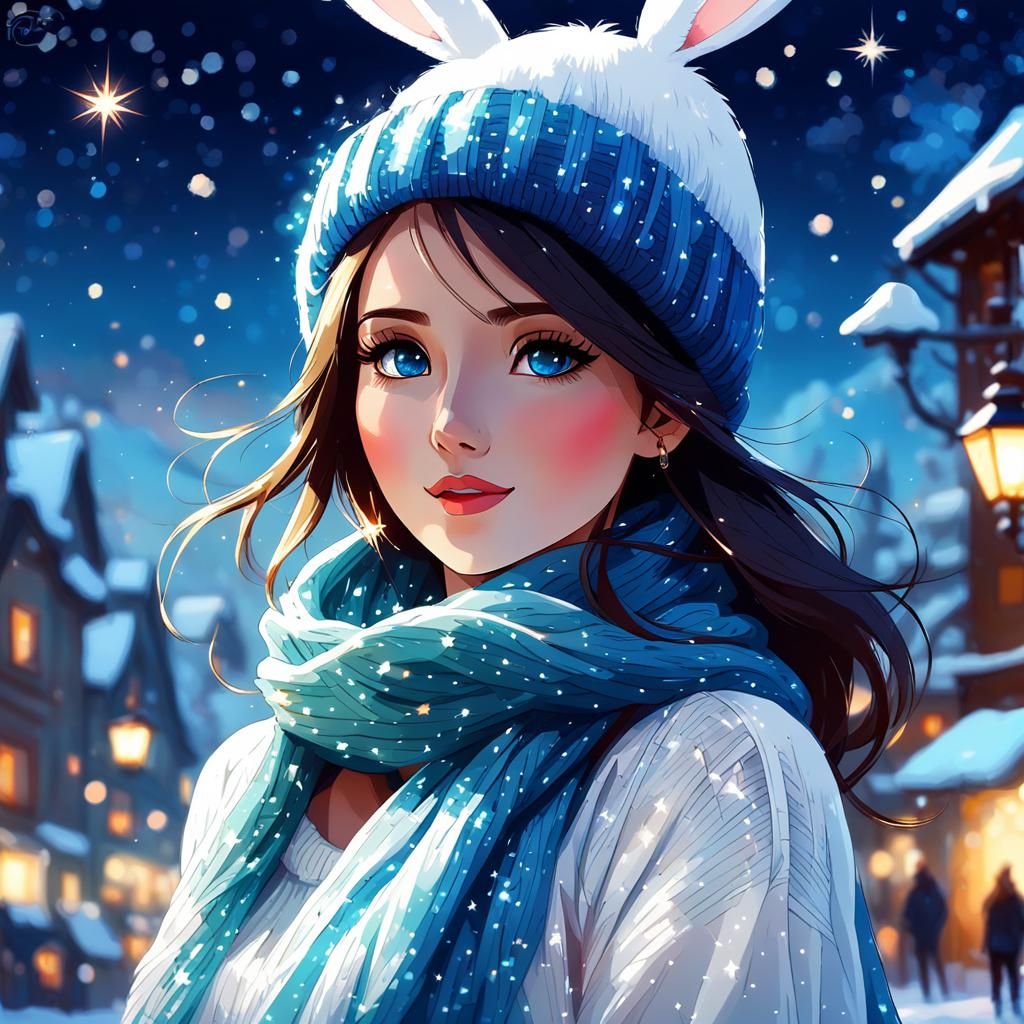 Young Woman in Bunny Hat Under Starry Sky
