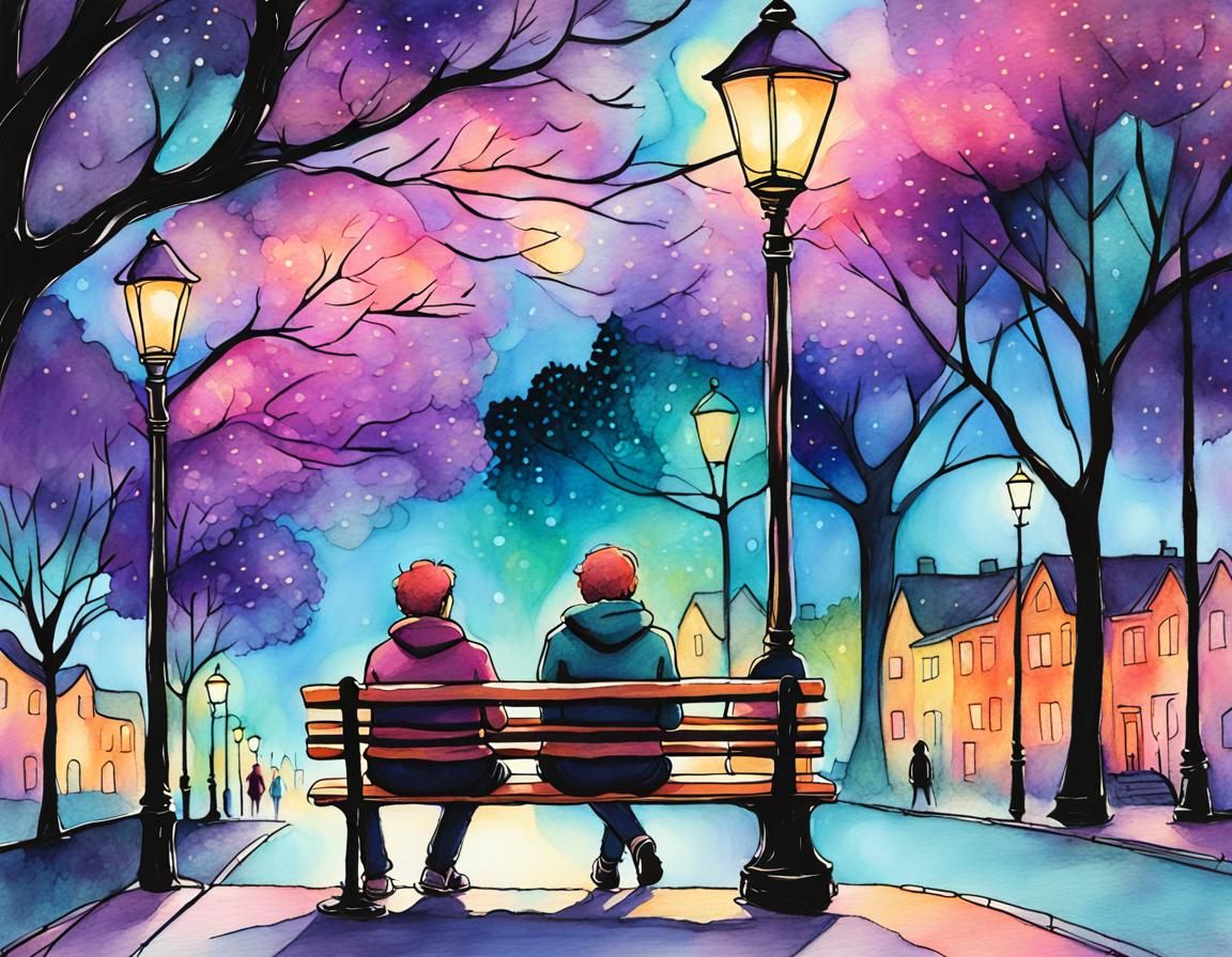 Whimsical Street Scene with Figures in Pastel Illustration