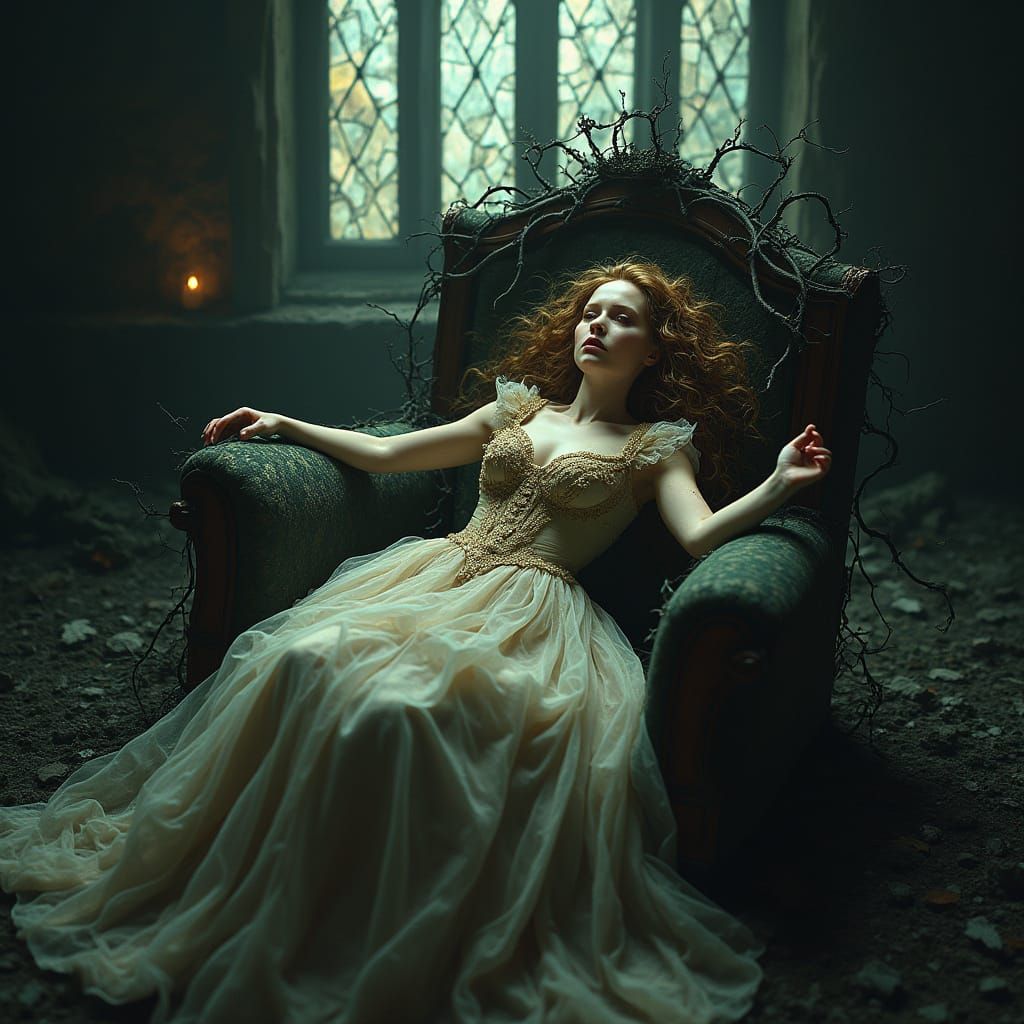 Corrupted Sleeping Beauty in Ruined Throne Room