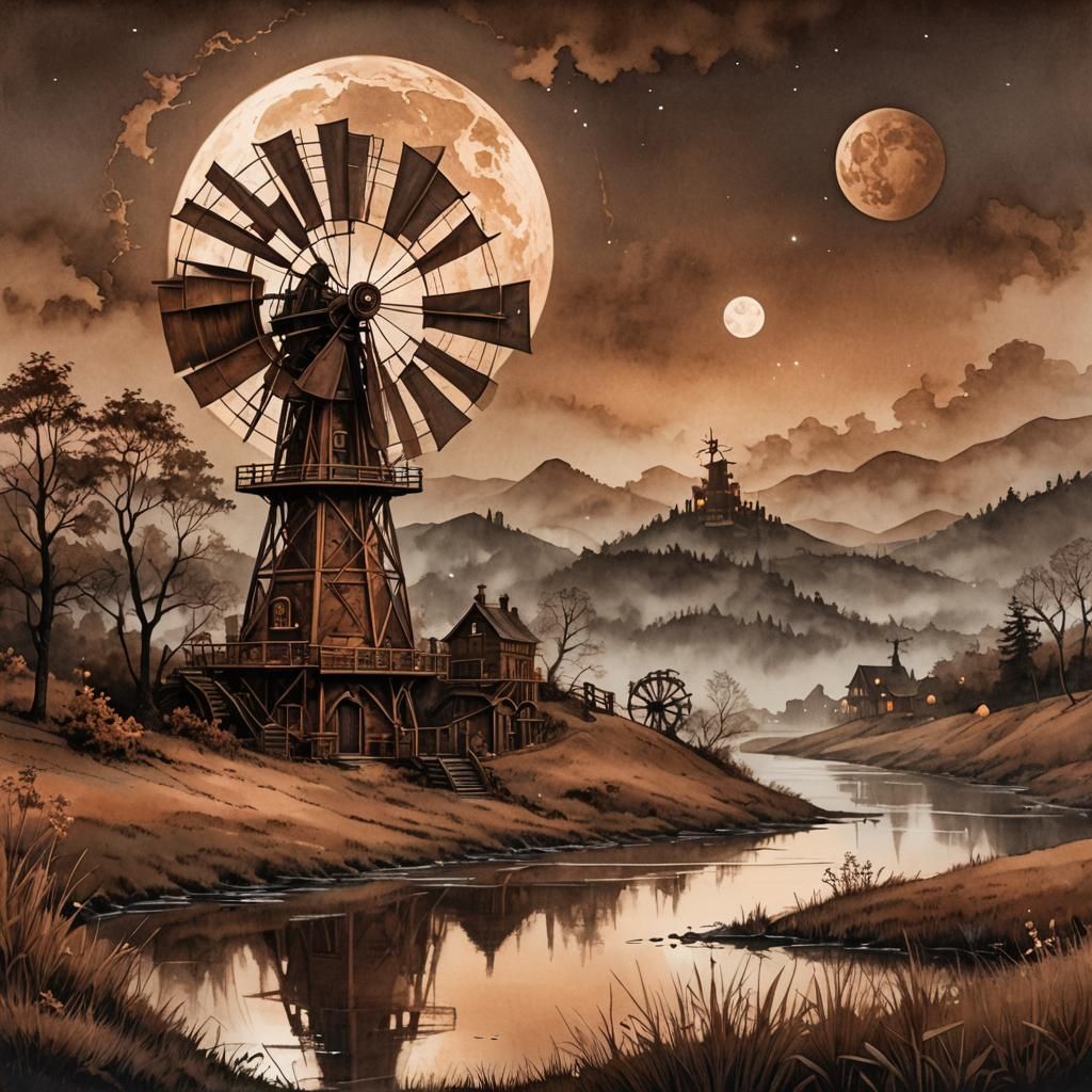 Steampunk Copper Windmill at Dusk: Monochromatic Study