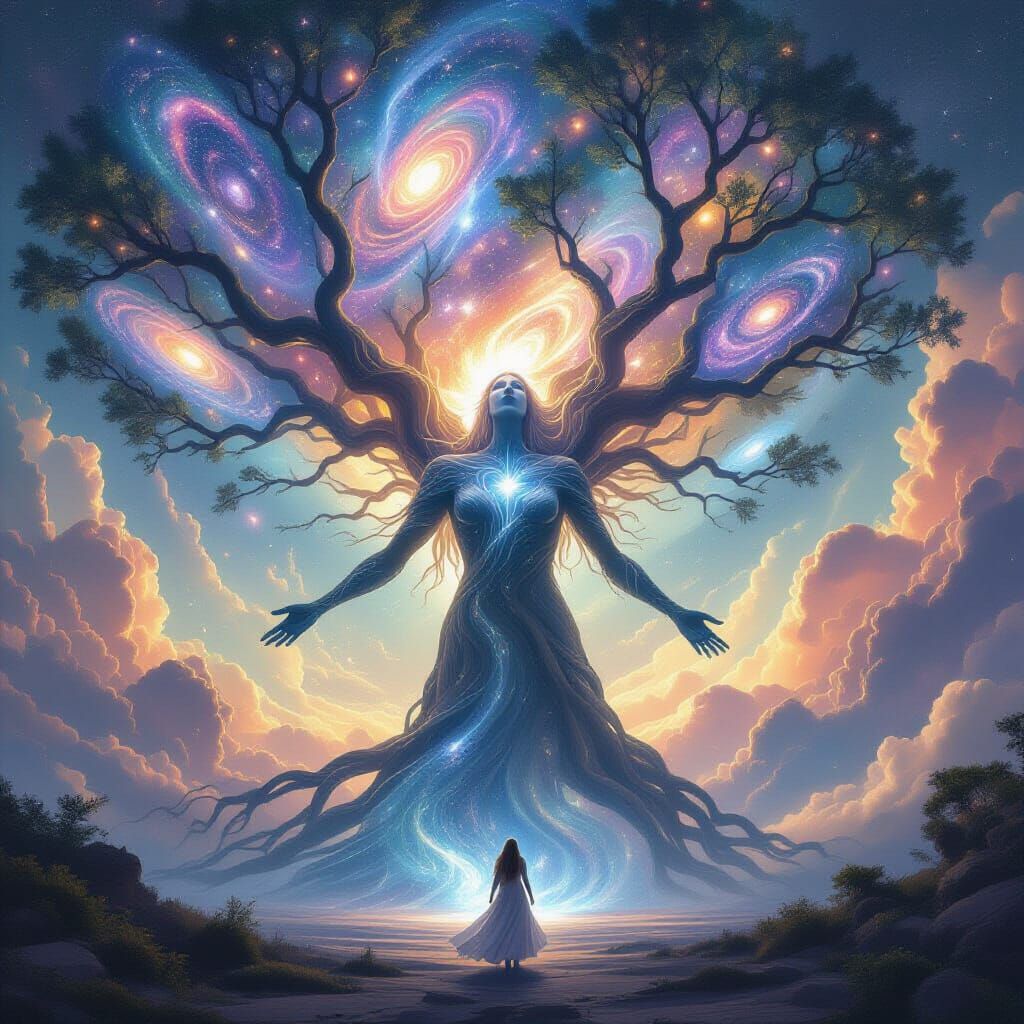 Crystal Tree Woman Holding Galaxies in Cosmic Void
