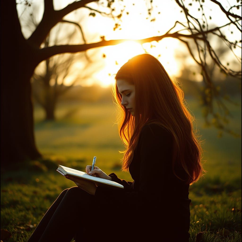 Woman Writes Under Dawn's Vignette