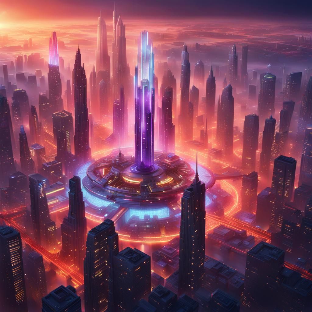 Futuristic Cityscape Suspended in Golden Hour Light