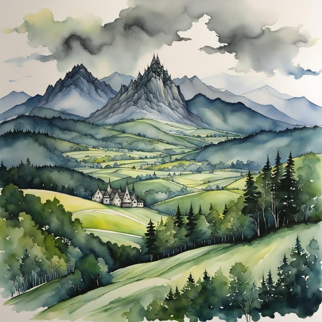 Fairytale Watercolor Landscape with Blue Mountain