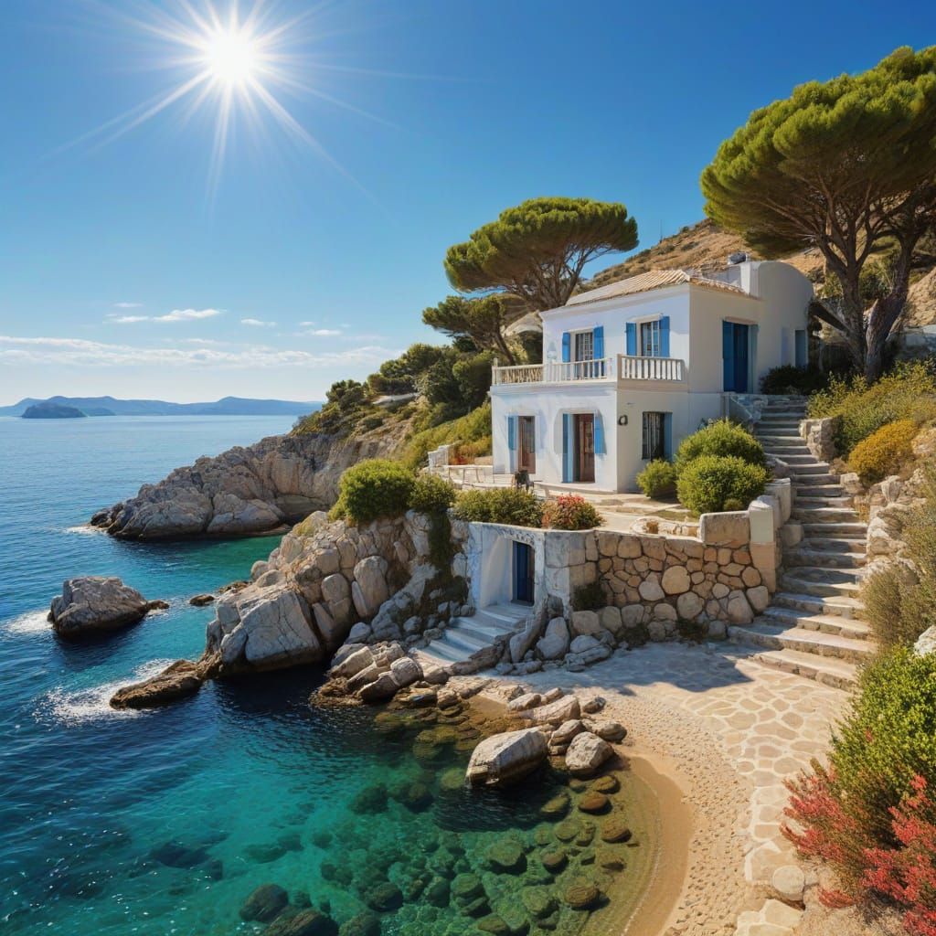 Greek Seaside House in Summer Sunlight