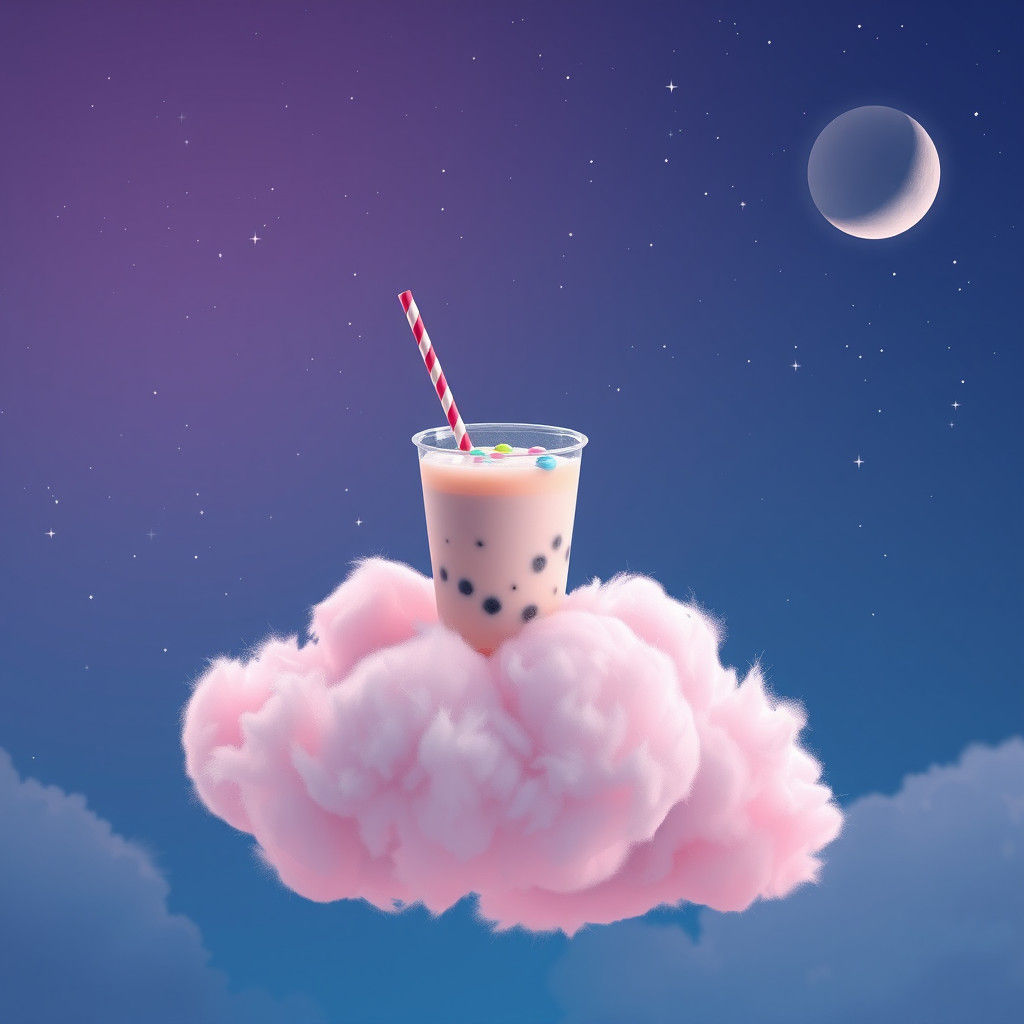 Boba Tea on Pink Cloud in Dreamy Night Sky