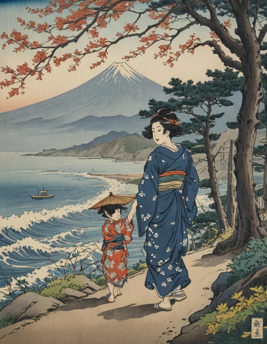 Ukiyo-e Image of Mother and Son Under Ginkgo Trees