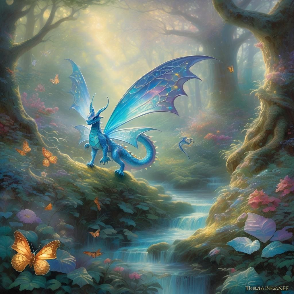A small, delicate dragon with iridescent, butterfly-like wings, flitting through an enchanted forest filled with magical...
