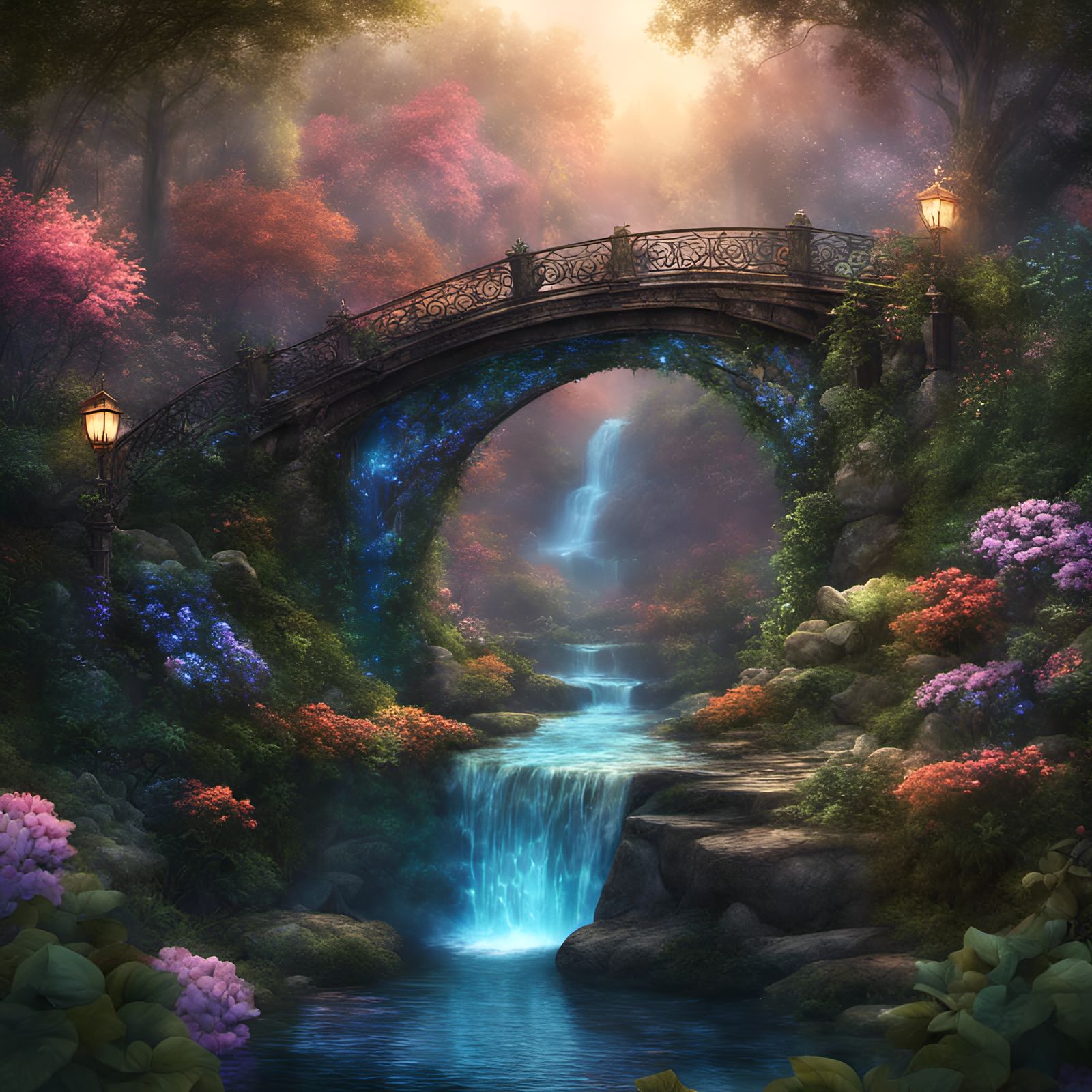 Fantasy Bridge Over Waterfall in Enchanted Forest