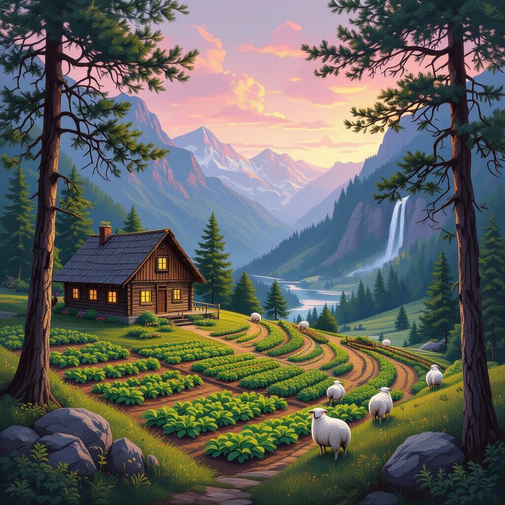 Mountain Valley Farm as Romantic Oil Painting