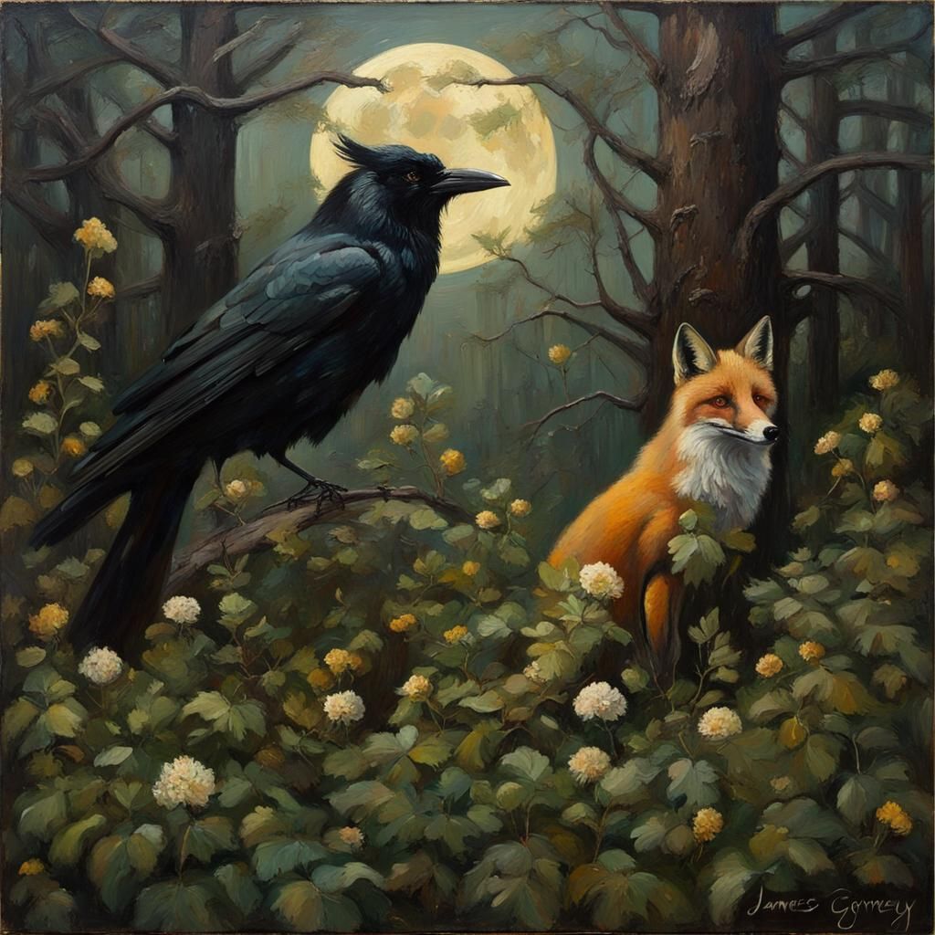 Botanical Forest: Crow, Fox, and Golden Moon