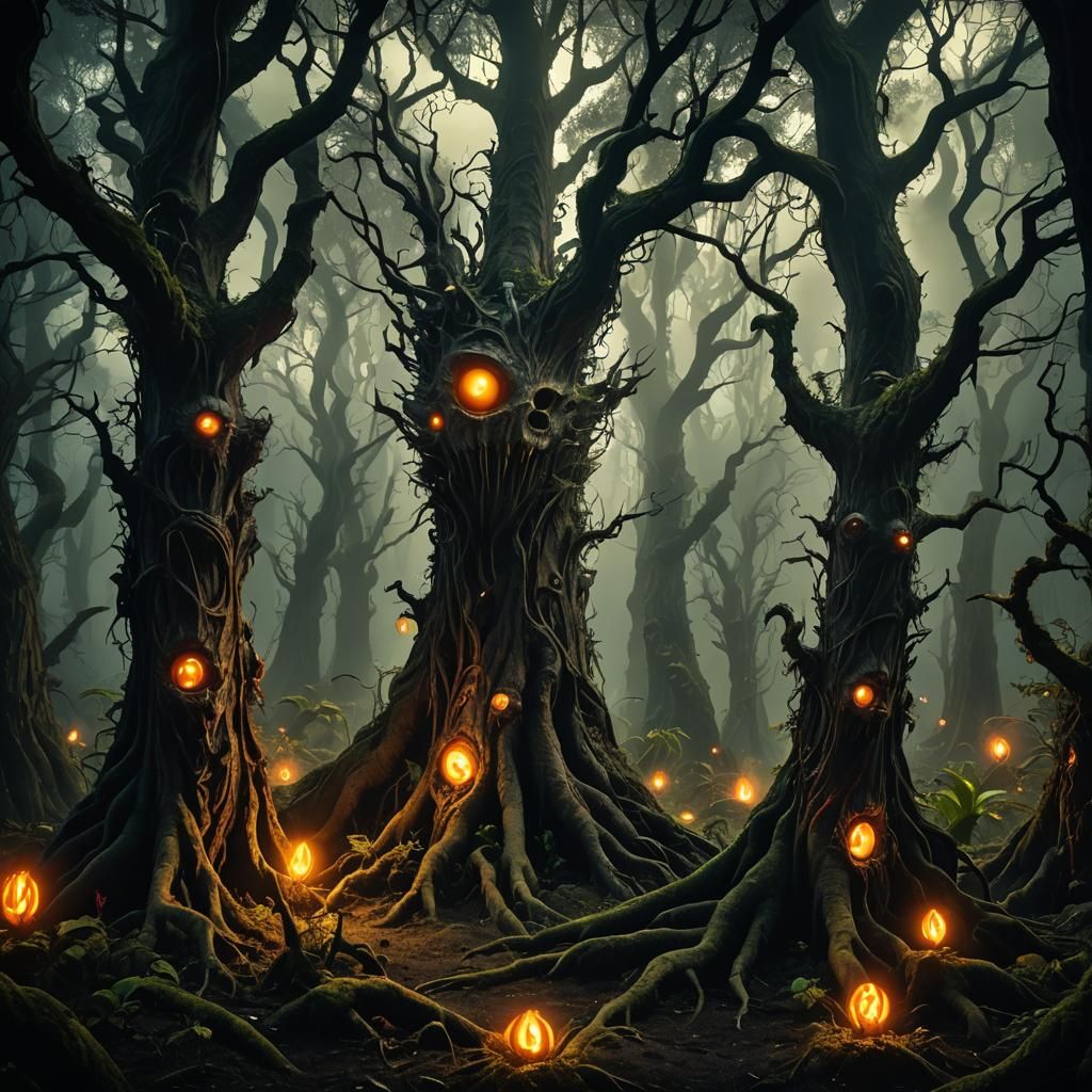 Eerie Mythical Creatures in Dark Fantasy Scene