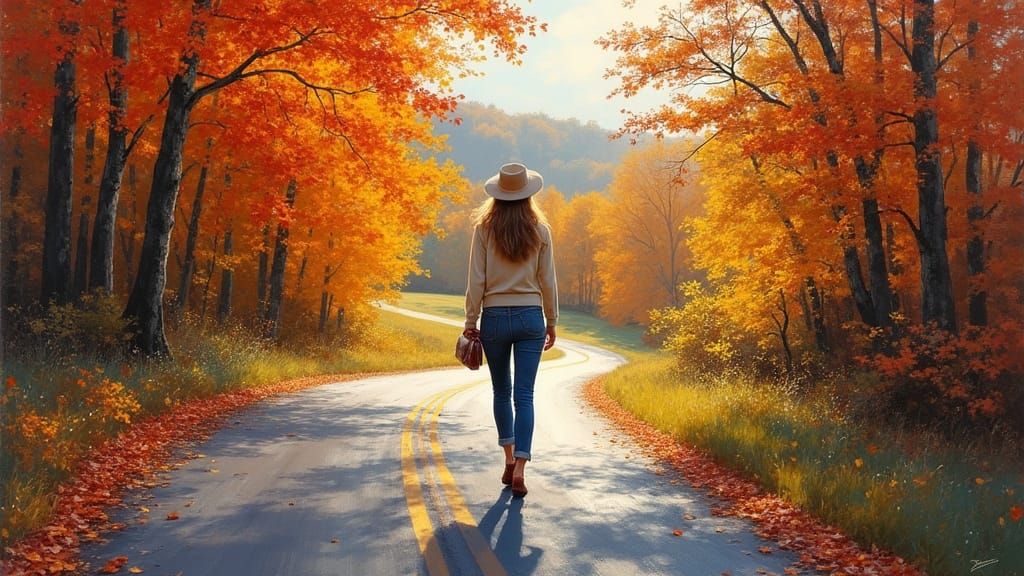 Autumn Stroll: Impressionistic Country Road Scene