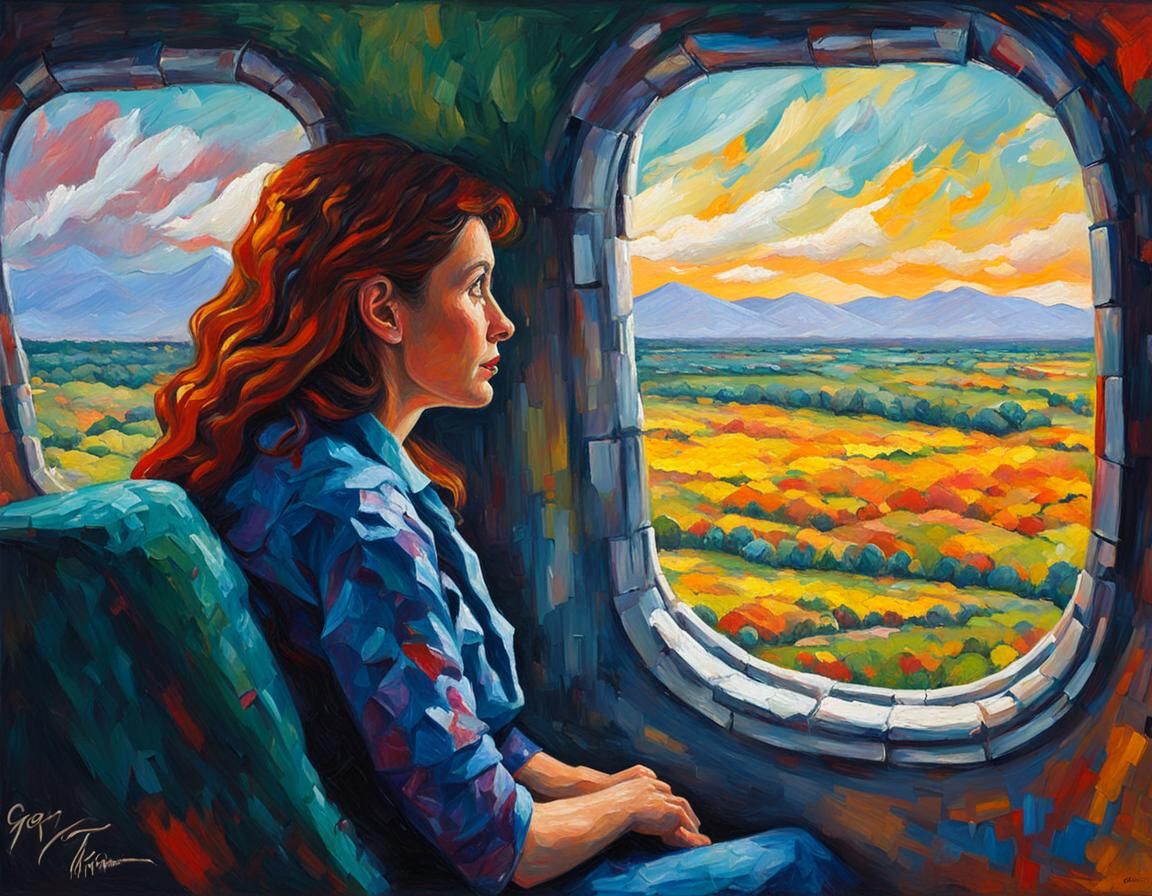 Woman on Plane in Expressionist Oil Painting