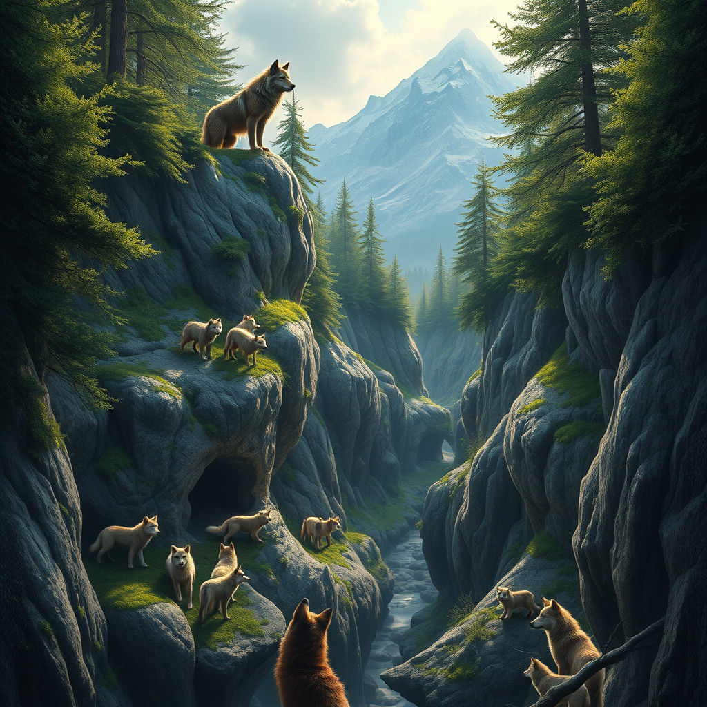Majestic Wolf Clan in Emerald Gorge: Hyperdetailed Matte Pai...