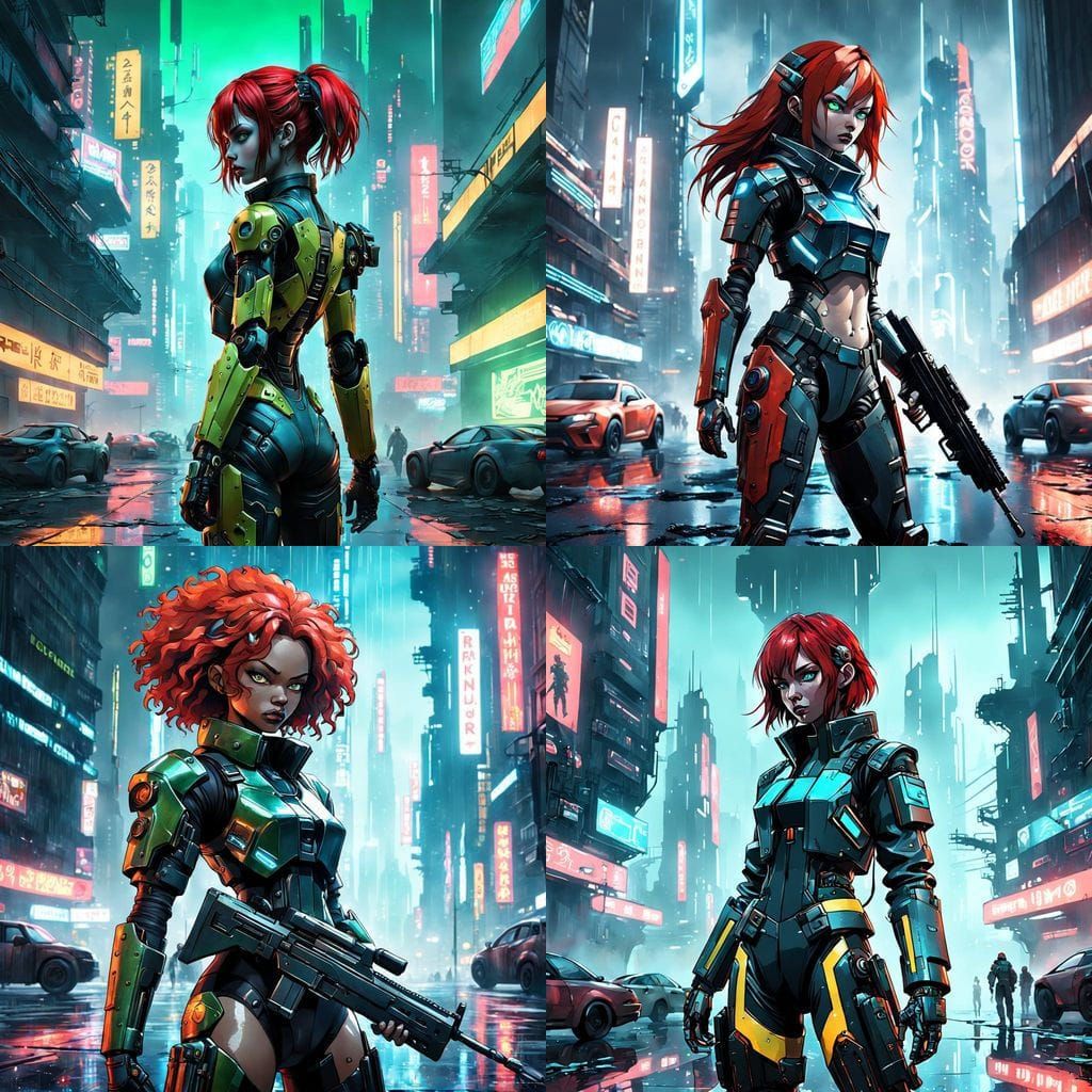 Cyberpunk Warrior Gynoid in Neon-Lit Dystopia