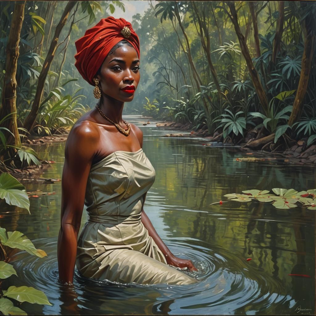 Elegant Woman Swimming in Jungle River, Gurney Style